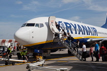 Transport, Air, Passenger Jet, Passengers board a Ryanair flight at London Gatwick Airport.