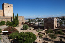 Spain, Andalucia, Granada, The Alcazar of the Alhambra with the Albayzin district in the background.