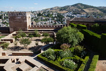 Spain, Andalucia, Granada, The Alcazar of the Alhambra with the Albayzin district in the background.