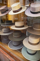 Spain, Andalucia, Seville, Sevillano Hats on display in the shop window of Diaz, a boutique on Calle Siepes that sells typical Spanish goods.