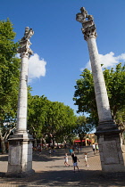 Spain, Andalucia, Seville, Roman columns with statues of lions at the northern entrance to Alameda de Hercules in Seville.