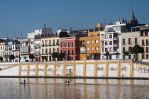 Spain, Andalucia, Seville, Houses of the Triana district on the waterfront of the Rio Guadalquivir.