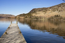 England, Cumbria, Lake District, Glenridding, Jetty on Lake Ullswater, and Place Fell on right.