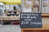 Scotland, Edinburgh, Grassmarket Saturday market, honey & porridge beauty products, The Edinburgh Natural Skincare Company.