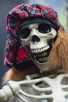 Scotland, Edinburgh, Skeleton with joke Tam O'Shanter & red hair hat.