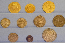 Scotland, Edinburgh, Museum on the Mound, coins from the reign of Queen Mary 1542-1567.