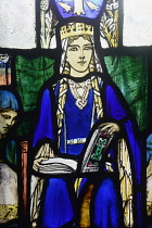 Scotland, Edinburgh, Edinburgh Castle, St Margaret's Chapel, stained glass window depicting St Margaret.