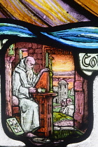 Scotland, Edinburgh, Edinburgh Castle, St Margaret's Chapel, Stained glass window with detail of St Columba.