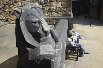 Scotland, Edinburgh, Edinburgh Castle, Crown Square, lion statue on Crown Square.