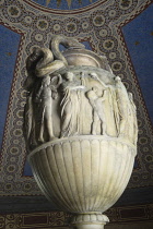 Scotland, Edinburgh, Water of Leith Walkway, St Bernard's Well, urn and mosaiced walls of the Temple above St Bernard's Well.