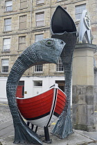 Scotland, Edinburgh, Leith, The Shore, 'Fish N Ships' sculpture at the Commercial Quay.