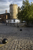 Scotland, Edinburgh, Leith, cobbled quayside and Signal Tower.