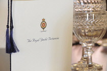 Scotland, Edinburgh, Leith, Royal Yacht Britannia, menu & table place detail.