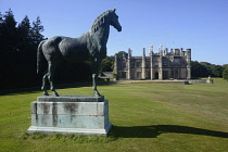 Scotland, Edinburgh, Dalmeny House & estate gardens, bronze statue of 'King Tom' race winning stallion of 1871 that founded the de Rothschild stud at Mentmore, England..