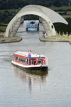 Scotland, Edinburgh, Falkirk Wheel, canal basin with barges.