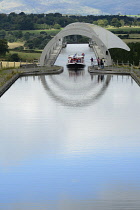 Scotland, Edinburgh, Falkirk Wheel, canal basin with barges.