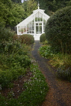 Scotland, Edinburgh, Malleny Garden, footpath to greenhouse.