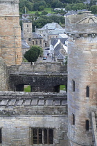 Scotland, Edinburgh, Linlithgow Palace, view from West tower onto castle and village.