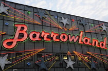 Scotland, Glasgow, East End, Barrowland Ballroom lit up at night.