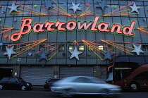 Scotland, Glasgow, East End, Barrowland Ballroom lit up at night.