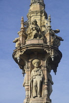 Scotland, Glasgow, East End, Glasgow Green, Doulton Fountain, fountain details depicting the continents of the British Empire made from terracotta.