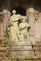 Scotland, Glasgow, East End, Glasgow Green, Doulton Fountain, fountain details depicting the continents of the British Empire made from terracotta.