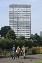 Scotland, Glasgow, East End, Glasgow Green with Gorbals high rise flats across the river.