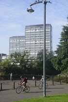 Scotland, Glasgow, East End, Glasgow Green with Gorbals high rise flats across the river.