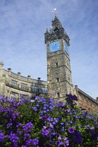 Scotland, Glasgow, Tollbooth Steeple with flowers.