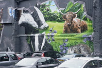 Scotland, Glasgow, Merchant City, mural & parking.