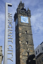 Scotland, Glasgow, Merchant City, Tollbooth Steeple and Merchant City sign.