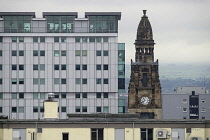Scotland, Glasgow, City centre west, Alexander 'Greek' Thomson's St Vincent Street Free Church of Scotland, view of church from Glasgow School of Art's 'Hen Run'.