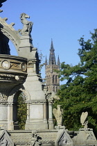 Scotland, Glasgow, West End, Kelvingrove Park, Stewart Memorial Fountain with Glasgow University in distance.