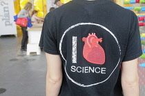 Scotland, Glasgow, West End, Glasgow Science Centre, I 'heart' Science t shirt.