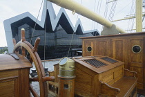 Scotland, Glasgow, West End, The Tall Ship above deck with the Riverside Museum on the quay.