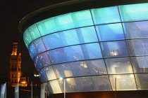 Scotland, Glasgow, The Clyde, The Hydro arena at night.