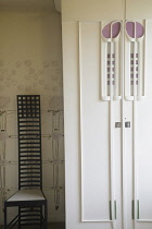 Scotland, Glasgow, Mackintosh Glasgow, The Hill House, main bedroom, ladder back chair and cupboard.