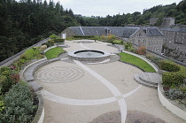Scotland, Clyde Valley, New Lanark, rooftop garden and viewing platform.