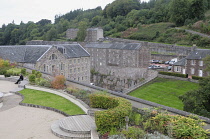 Scotland, Clyde Valley, New Lanark, rooftop garden and viewing platform.