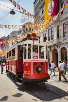 Turkey, Istanbul, The Taksim to Tunel tram, Istiklal Street, Beyoglu District.