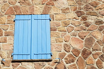 France, Grimaud, Blue window shutters, Domaine de la Cabro D'Or.