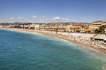 France, Nice, Baie Des Anges, Promenade Des Anglais, and beach.
