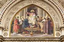 Italy, Tuscany, Florence, Florence Cathedral, mosaic of Jesus Christ above main entrance.