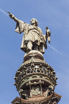 Spain, Barcelona, Christopher Columbus Monument, Christopher Columbus statue detail, La Rambla.