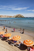 France, Corsica, Calvi, View of the Citadel from the beach.