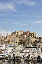 France, Corsica, Calvi, View of the Citadel from the harbour.