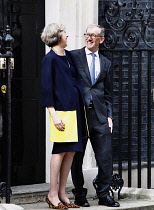 England, London, Westmiinster, Theresa May with husband Philip May on the steps of number 10 Downing Street on her first day as prime minister.