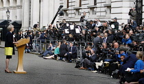 England, London, Westmiinster, Theresa May arrives in Downing Street as the new prime minister to face the worlds press.