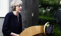 England, London, Westmiinster, Theresa May adressing the worlds press on her first day as prime minister in Downing Street.