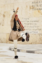 Greece, Attica, Athens, Greek soldier, an Evzone, outside the Parliament building.